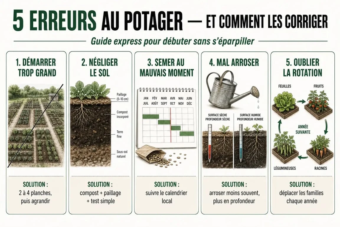 Erreurs de débutant au potager à éviter : visuel récapitulatif des principales fautes et de leurs solutions