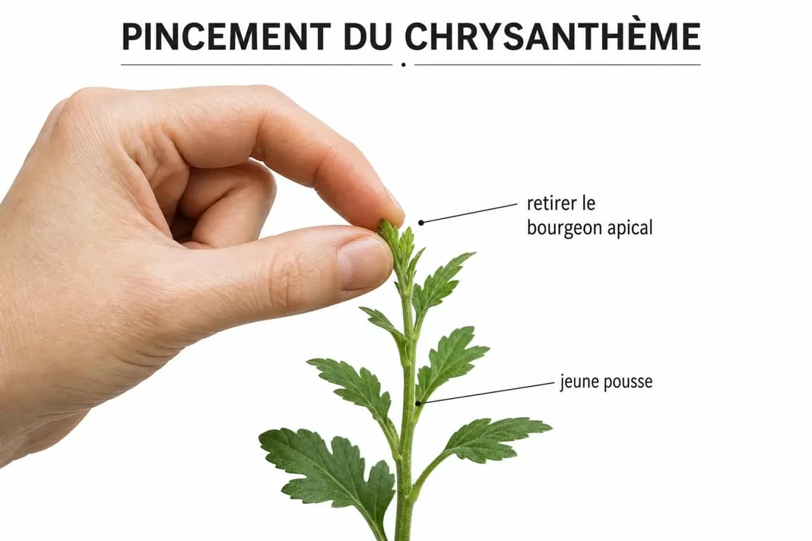 Geste de pincement d'une tige de chrysanthème pour favoriser la ramification