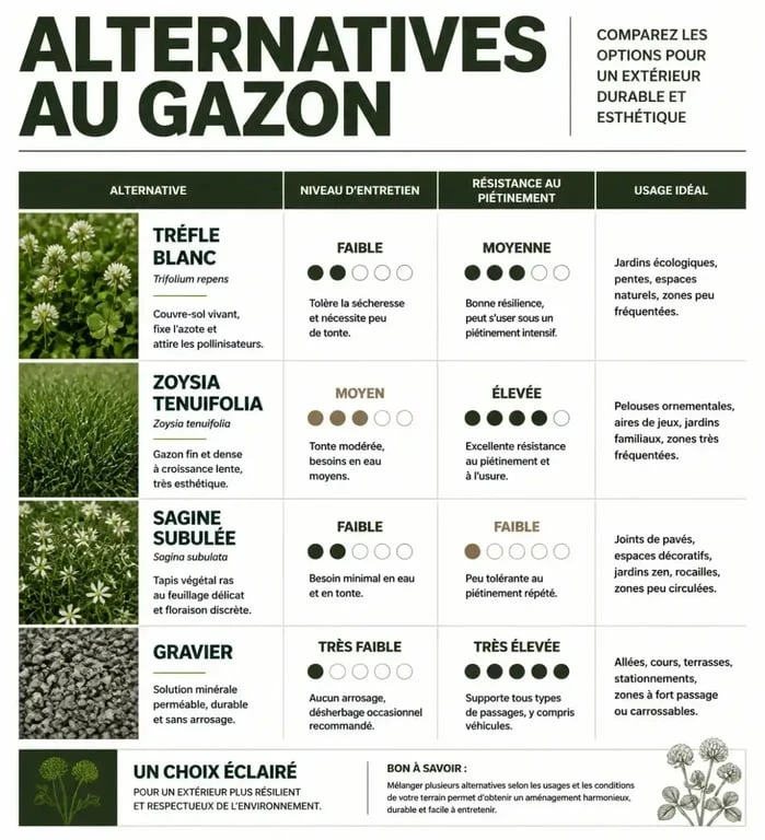 Infographie comparative des meilleures alternatives au gazon pour remplacer sa pelouse