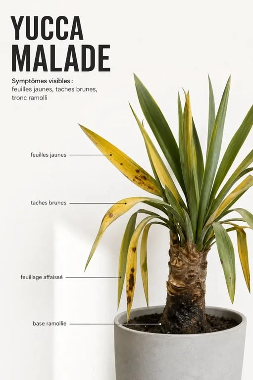 Photo de yucca malade avec feuilles jaunes, taches brunes et tronc ramolli