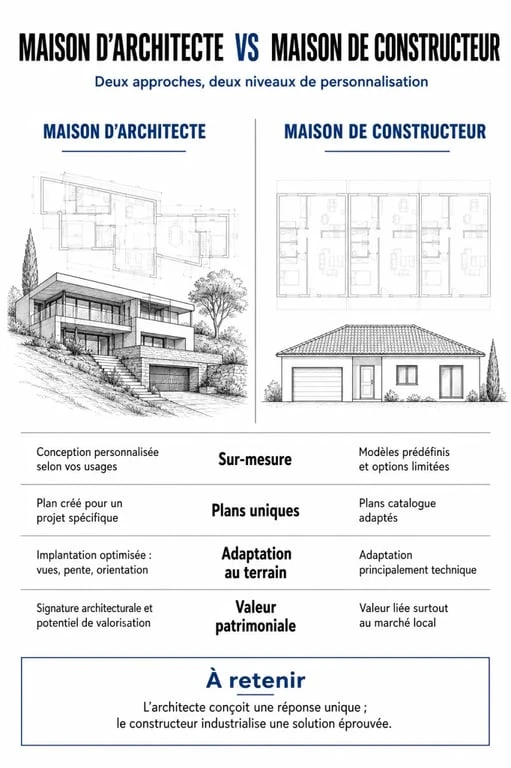 Infographie comparative : différence entre maison d'architecte et maison de constructeur