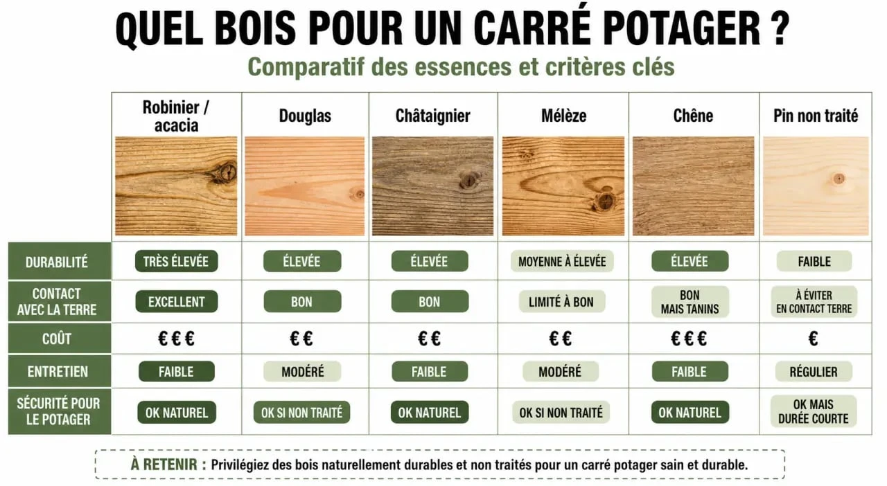 Comparatif visuel pour choisir quel bois pour un carré potager selon la durabilité, le coût et l’usage