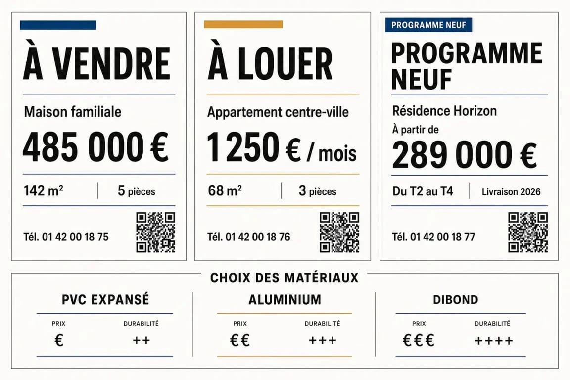Panneau immobilier : exemple de visuel clair pour vendre ou louer un bien