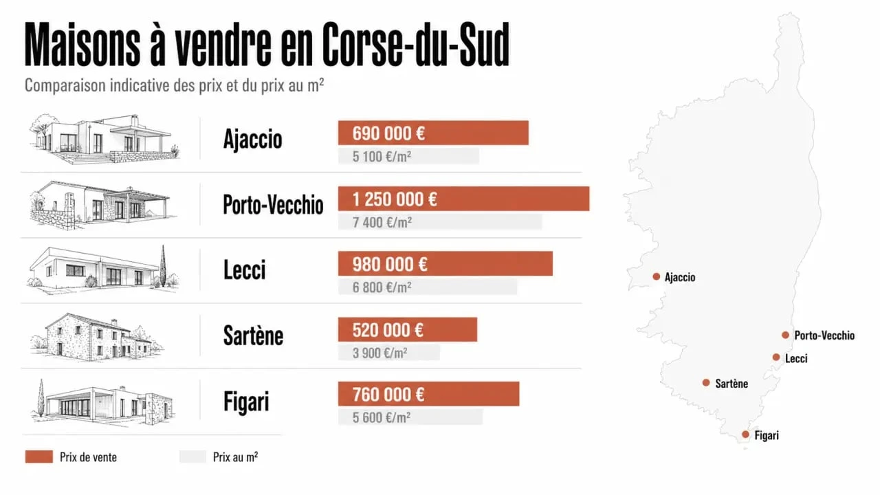 Maison à vendre en Corse-du-Sud : comparaison éditoriale des prix au m² et des secteurs