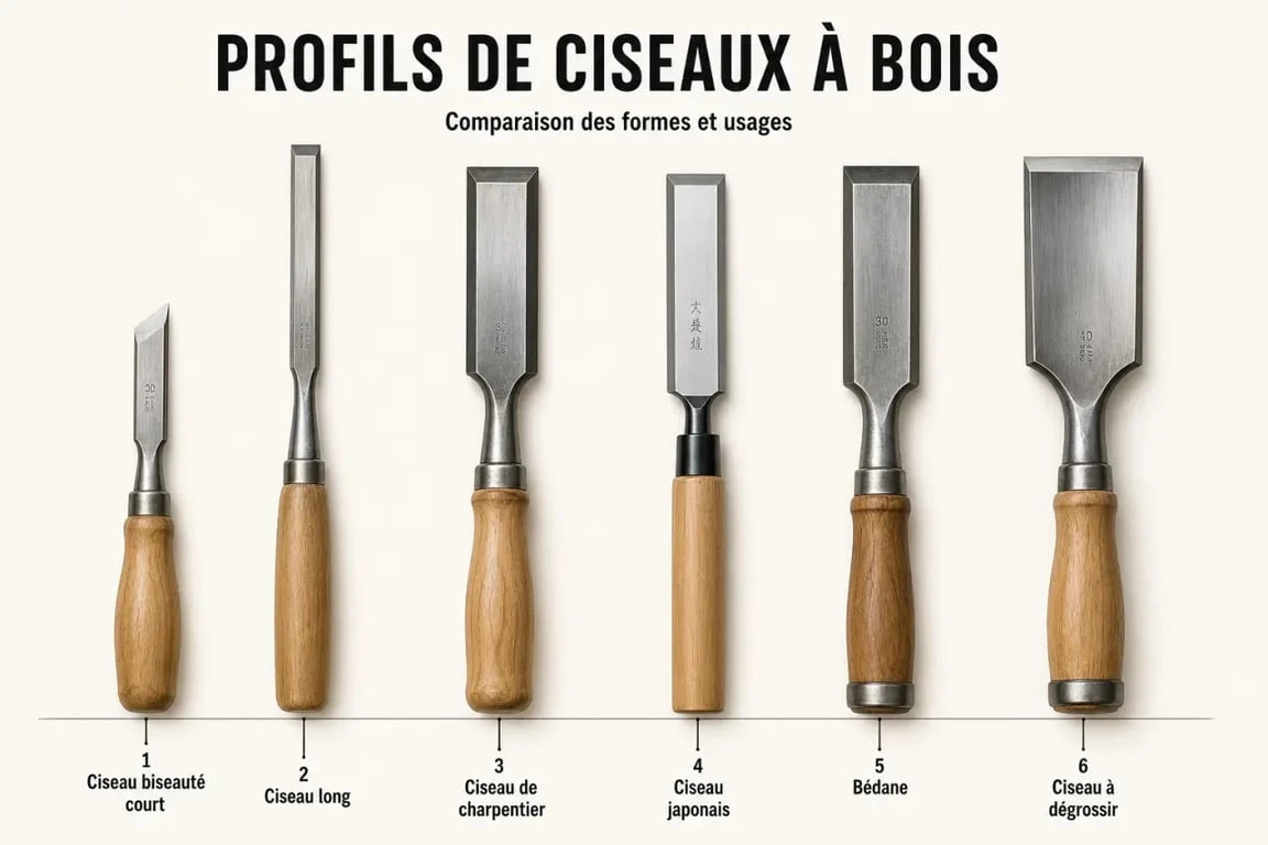 Comparatif des ciseaux à bois sur fond d’atelier avec les principaux types d’outils