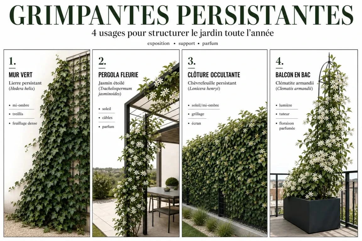 Comparatif de plante grimpante persistant pour mur, pergola, clôture et balcon