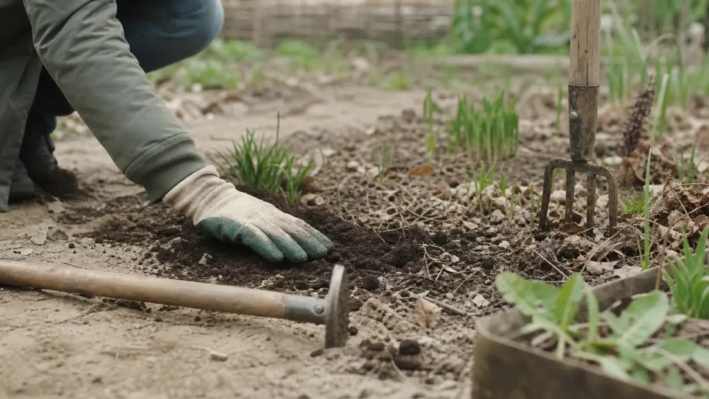 Entretenir son jardin au fil des saisons : main gantée étale le compost et pose un paillage en printemps