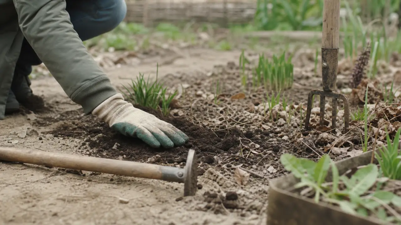 Entretenir son jardin au fil des saisons : main gantée étale le compost et pose un paillage en printemps