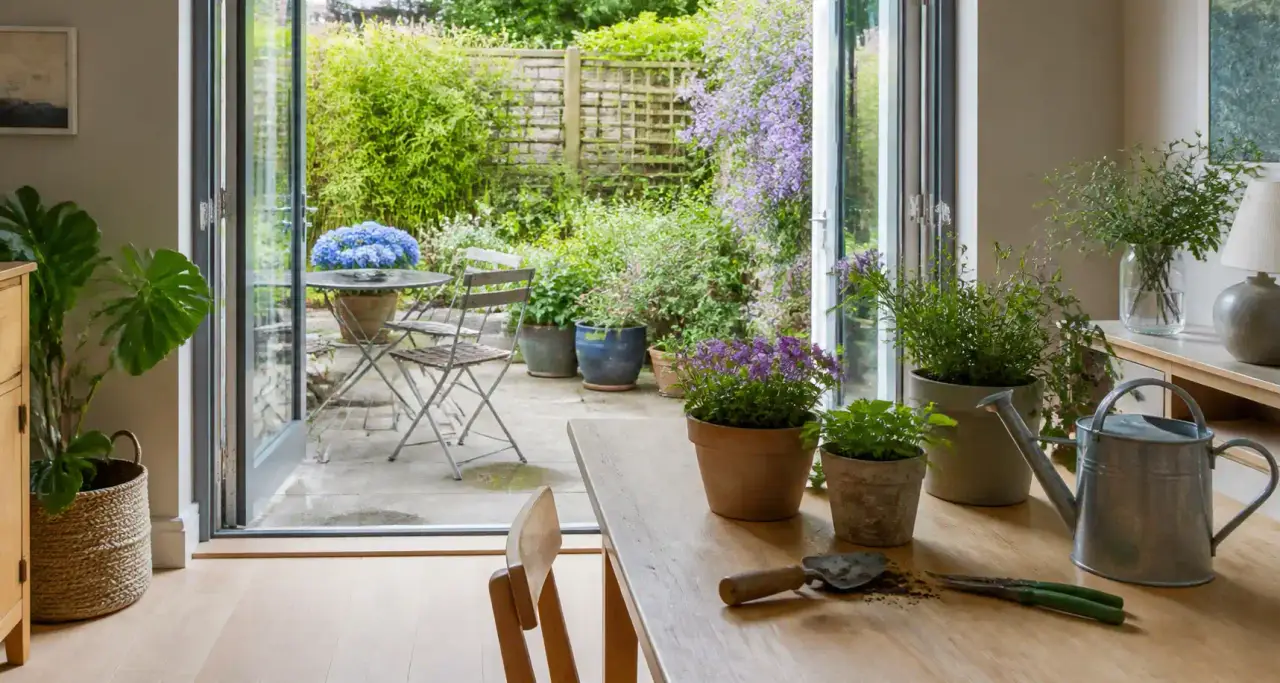 Intérieur clair ouvert sur une terrasse de jardin avec plantes en pot et outils