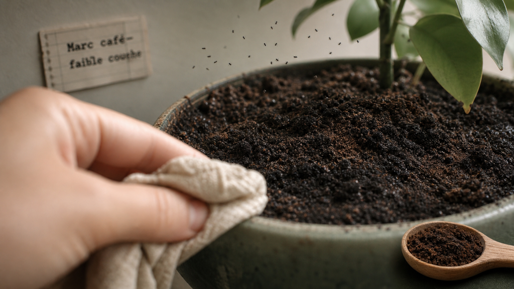Marc de café plante moucheron : terreau humide et moucherons en bokeh