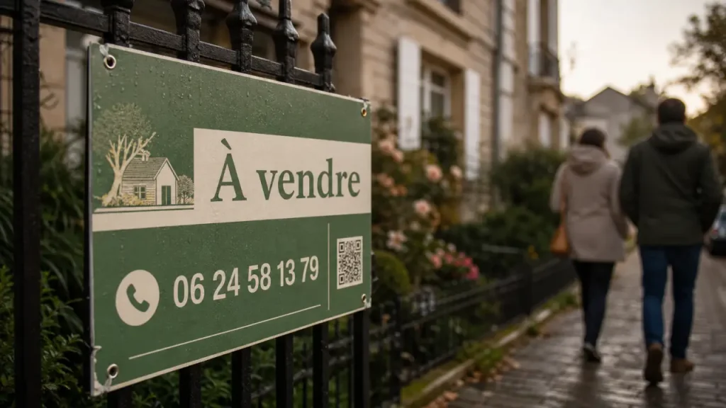 Panneau immobilier À vendre fixé sur portail en fer