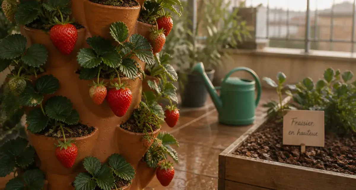 Plantation fraisier en hauteur : tour de fraisiers en pots verticales