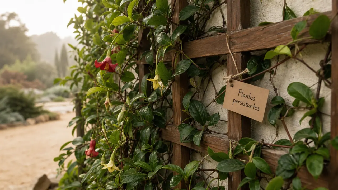 Plante grimpante persistant sur treillage contre un mur
