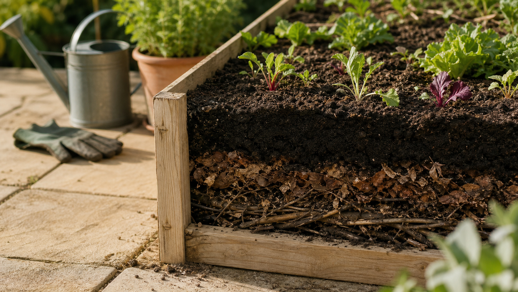 Potager en carré surélevé : couches de remplissage branches, feuilles et compost