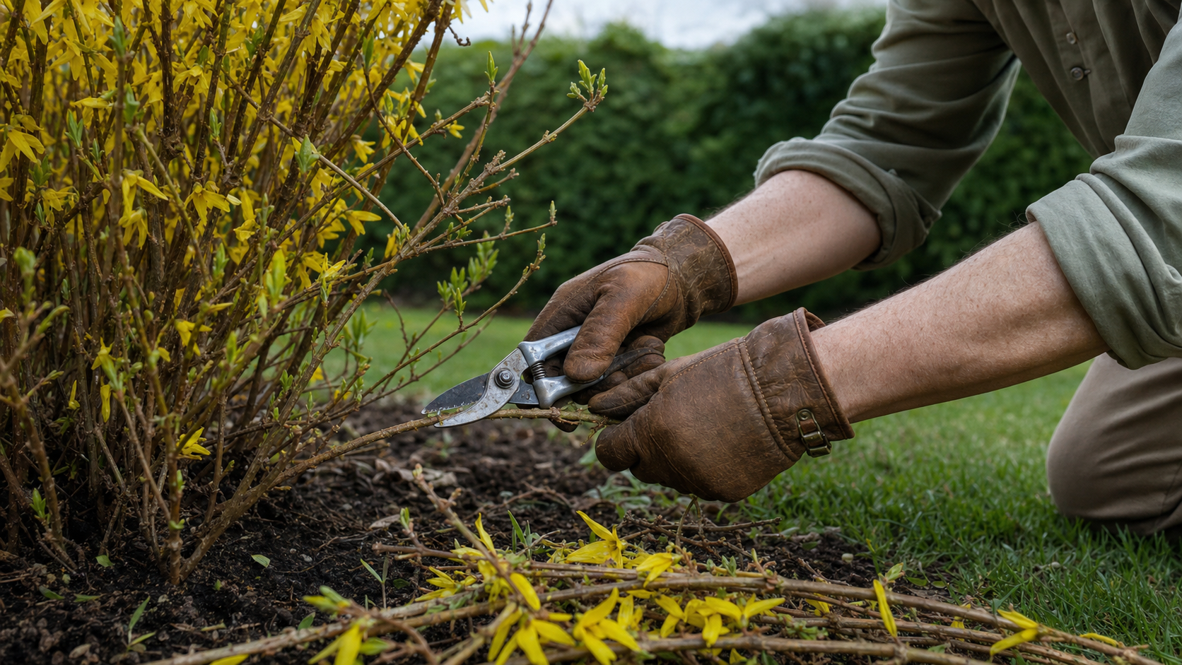 Quand tailler forsythia : taille juste après floraison, sécateur sur forsythia en fleurs