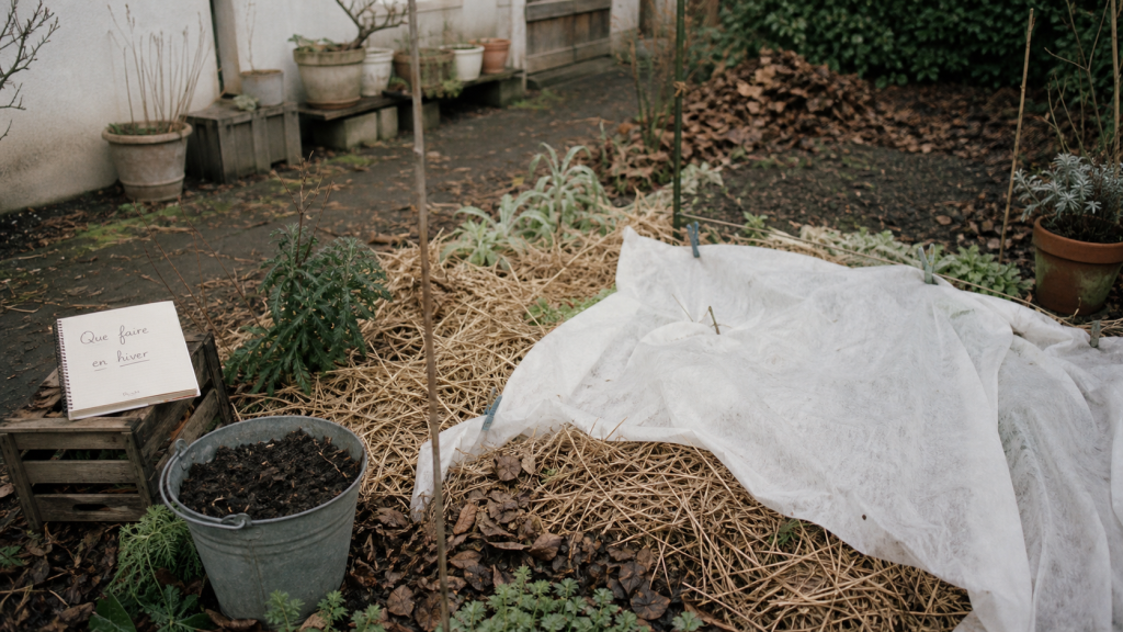 Que faire au jardin en hiver : paillage de feuilles, compost et voile d’hivernage au jardin