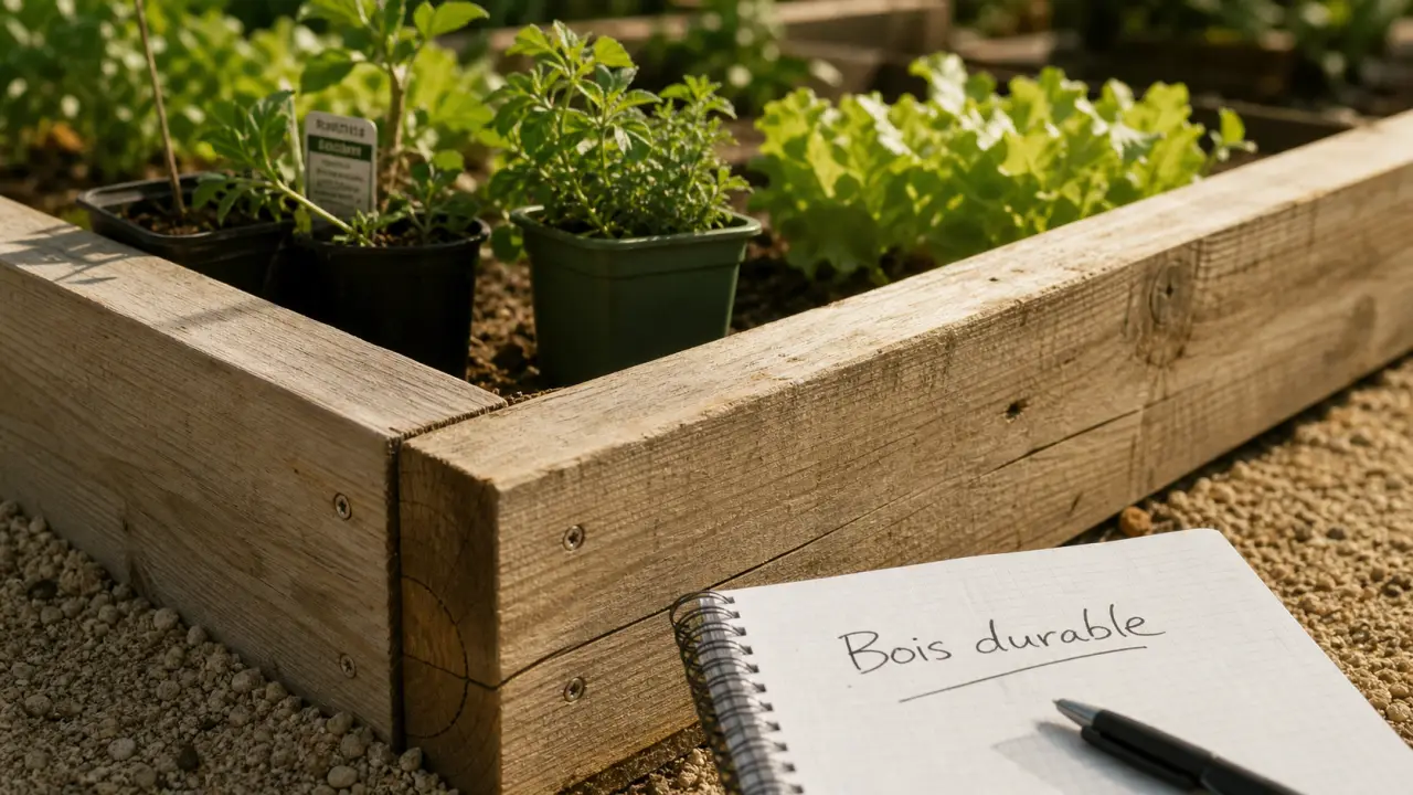 Quel bois pour un carré potager : cadre en robinier ou douglas non traité, pin.