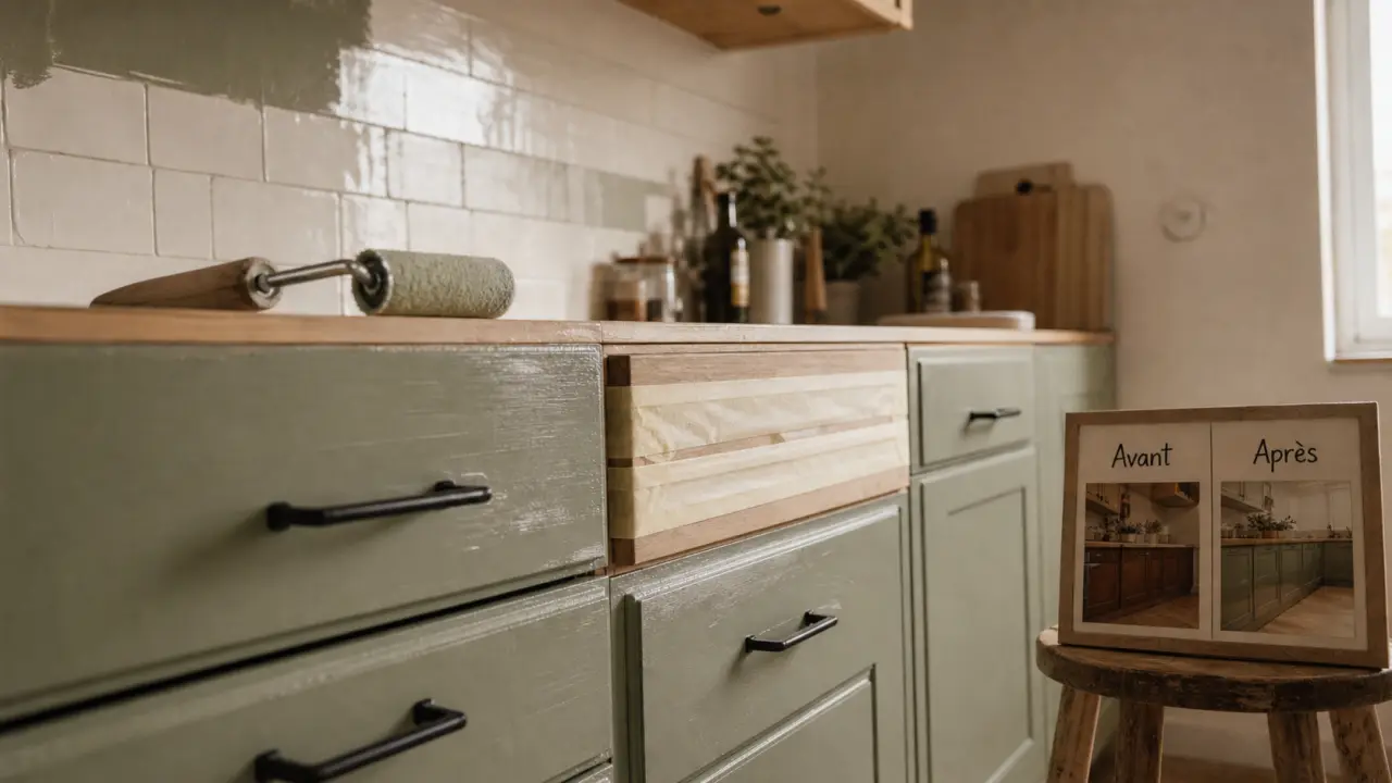 Rénover sa cuisine sans changer les meubles : façades vert sauge, crédence et poignées noires