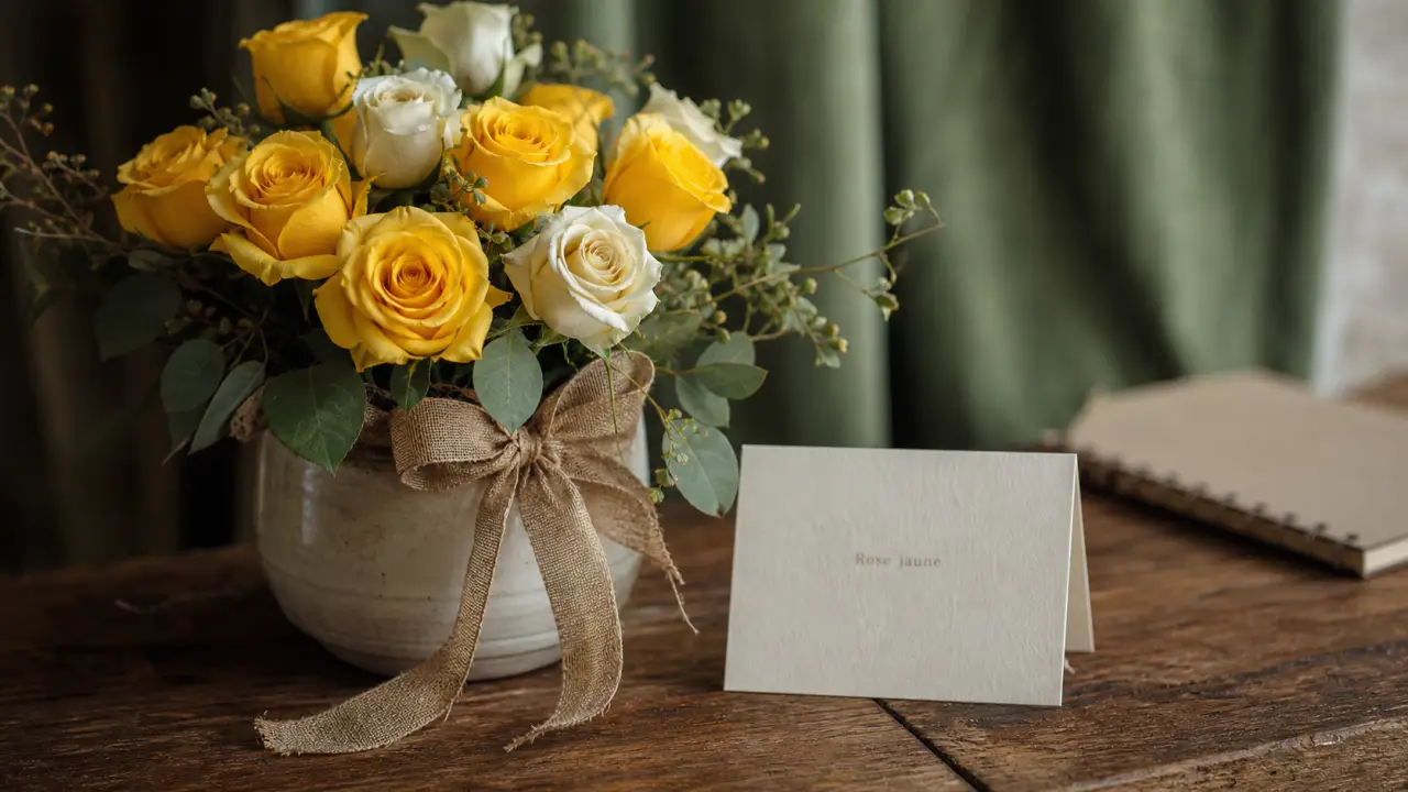 Rose jaune signification : bouquet de roses jaunes sur table