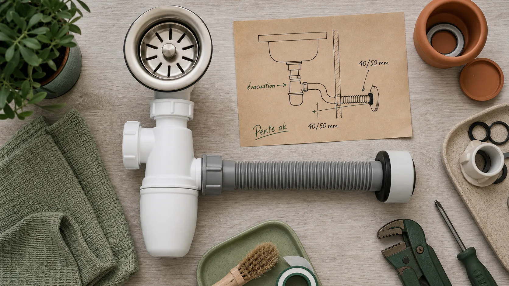Schéma évacuation évier cuisine 40 mm ou 50 mm, sans pièges à odeurs