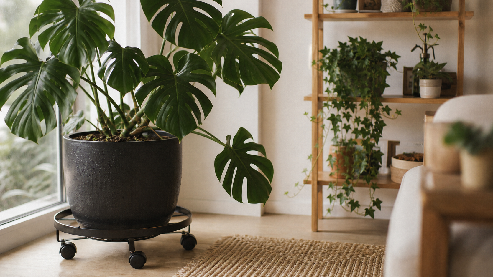 Support plante intérieur sur roulettes à côté d’une étagère, plantes vertes en salon lumineux