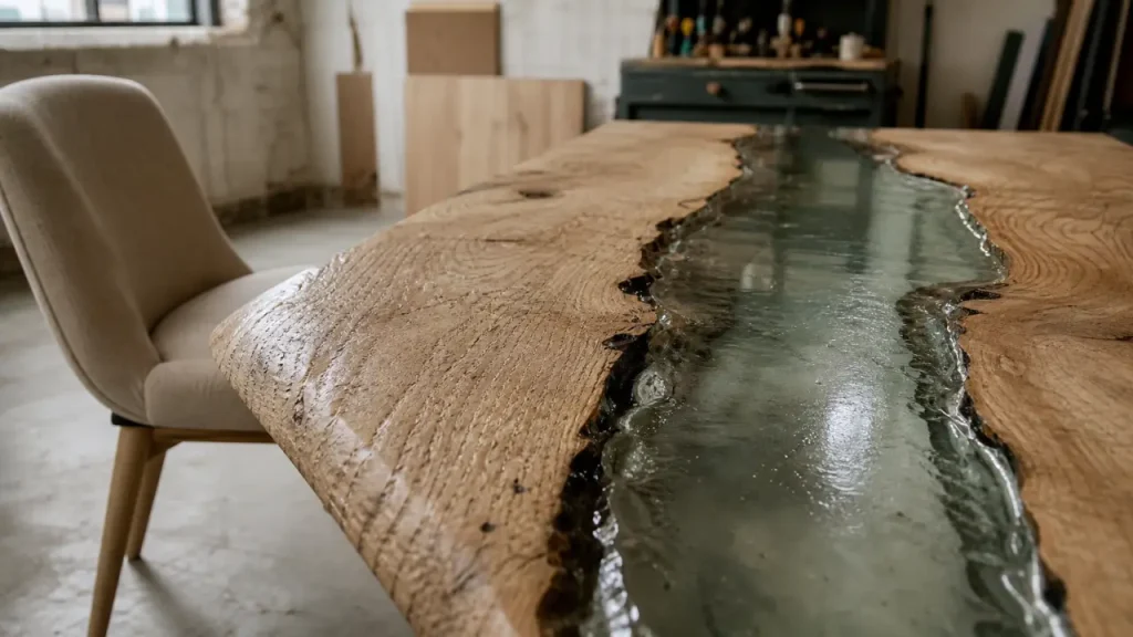 Table en resine époxy : plateau bois et piètement, coulée transparente