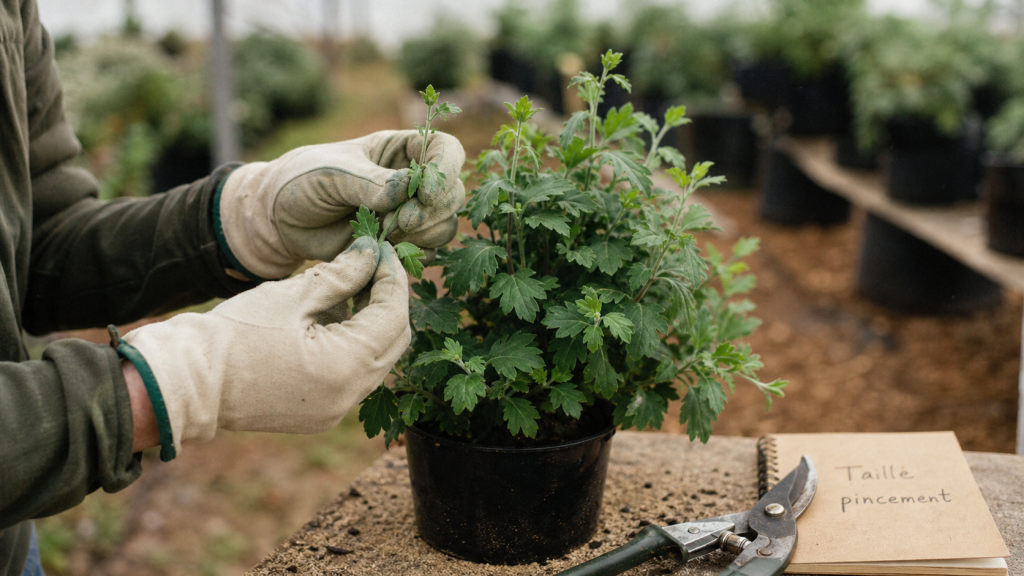 Taille chrysanthème, pincement en serre pour floraison dense