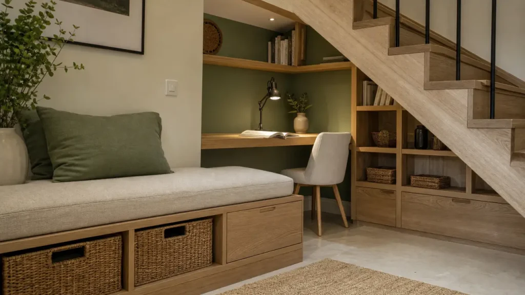 Aménagement sous escalier ouvert : rangement discret, bureau compact ou alcôve chaleureuse
