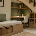 Aménagement sous escalier ouvert : bureau compact et rangements discrets