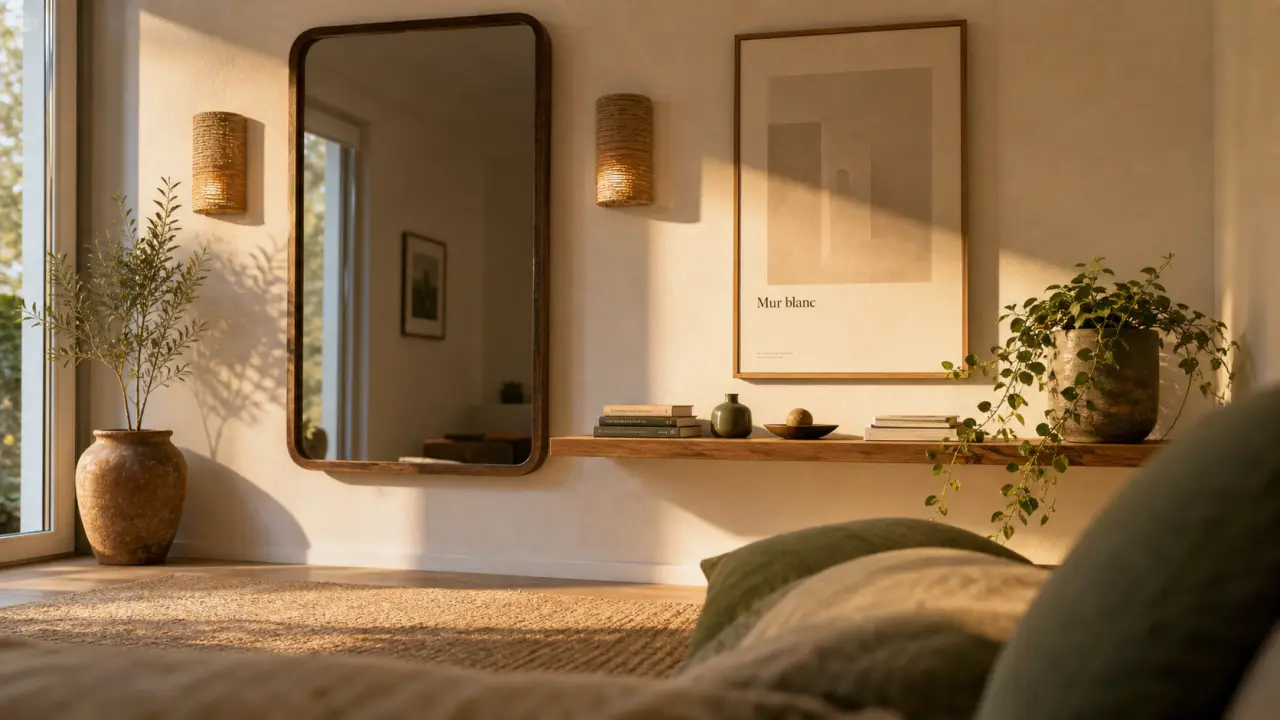 Décorer mur blanc avec cadres et relief, lumière douce