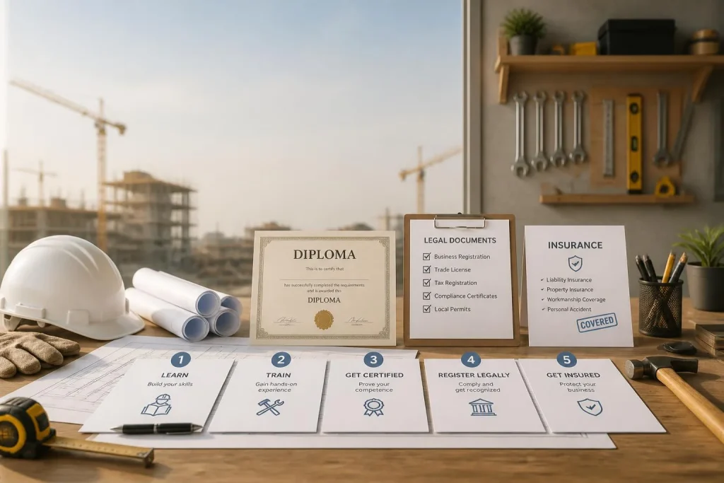 Devenir artisan du bâtiment sans rien oublier, du diplôme aux assurances avant le premier chantier