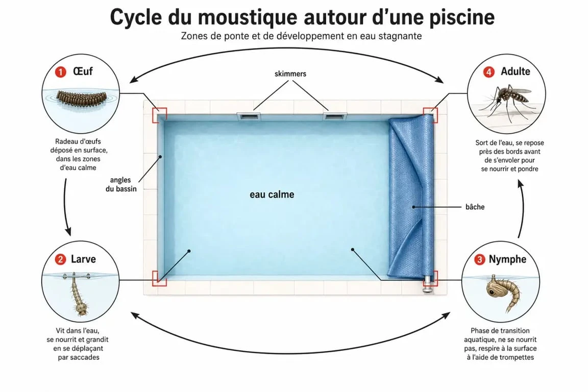 Cycle de vie de la larve de moustique piscine et zones favorables à la ponte