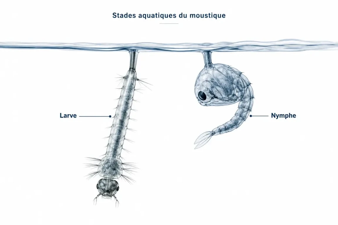 Larve de moustique piscine visible à la surface de l’eau avec ses stades de développement