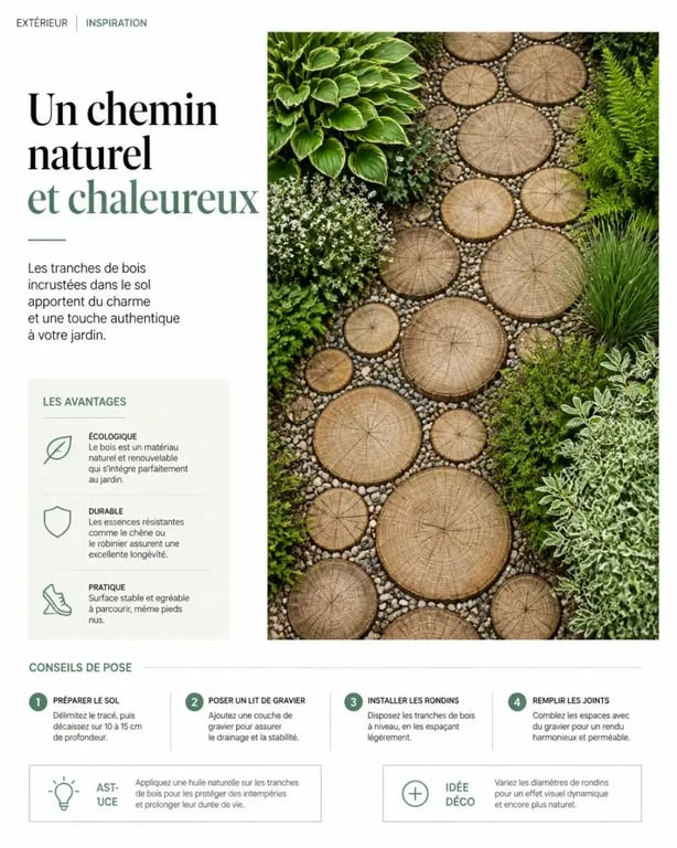 Chemin de jardin en rondins de bois