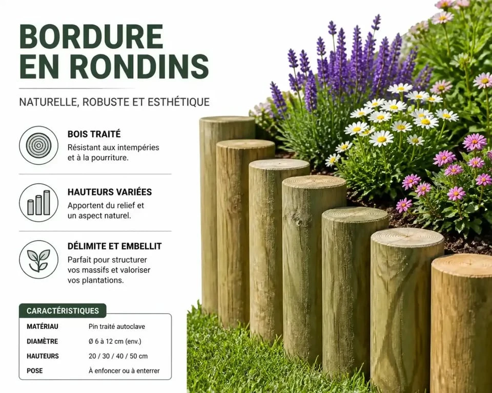 Bordure de massif de fleurs avec des rondins de bois