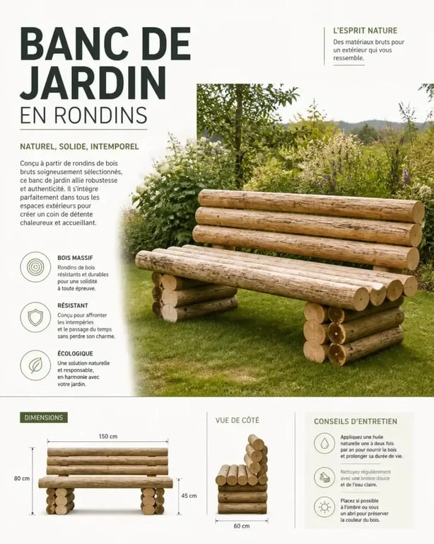 Banc de jardin rustique fabriqué avec des rondins de bois
