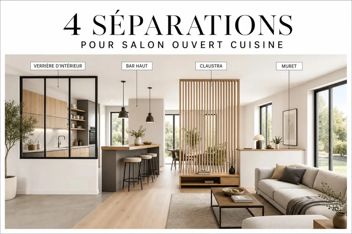 Salon ouvert cuisine avec comparaison des solutions de séparation