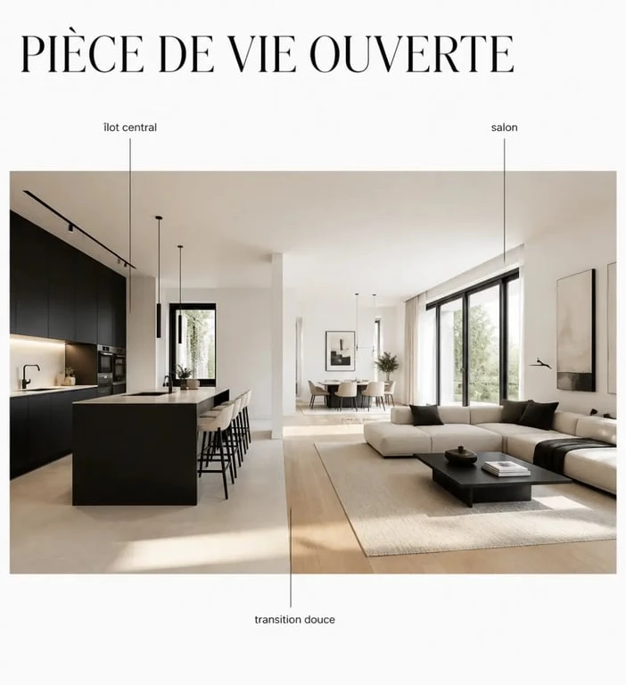 Salon ouvert cuisine lumineux avec îlot central et séparation douce
