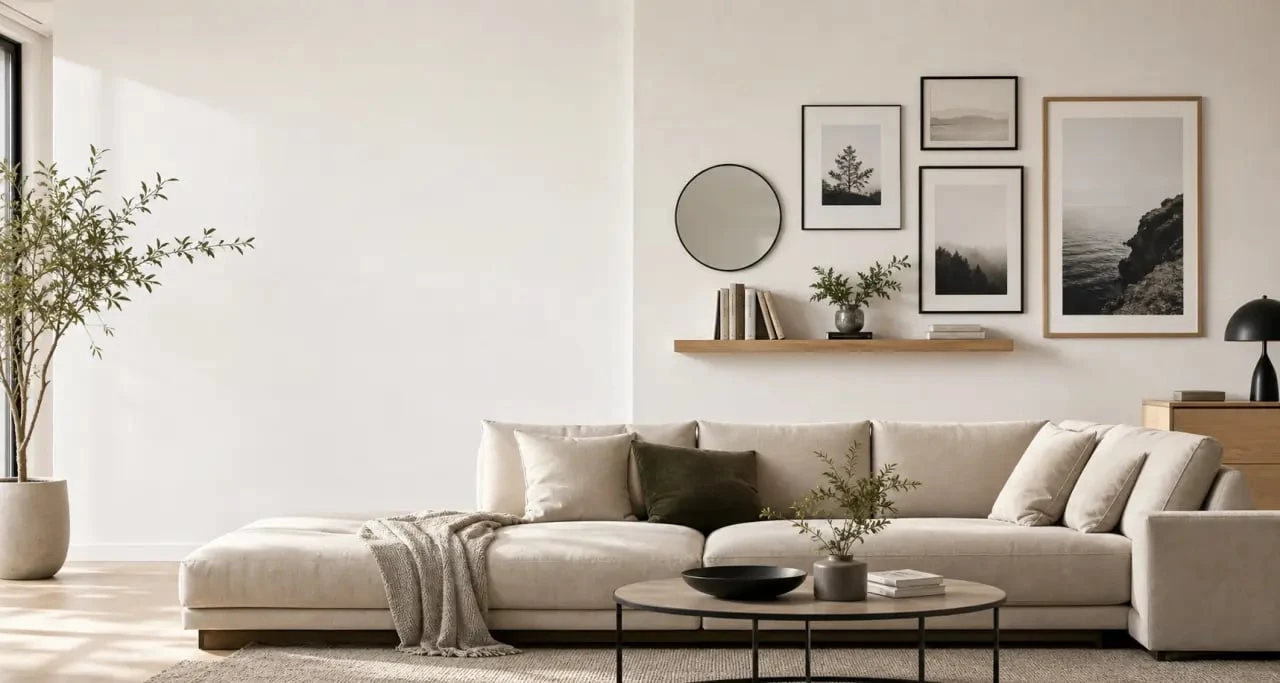 Idées pour decorer mur blanc dans un salon contemporain avec cadres, miroir et étagère flottante