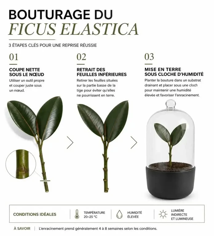 Étapes du bouturage caoutchouc Ficus elastica