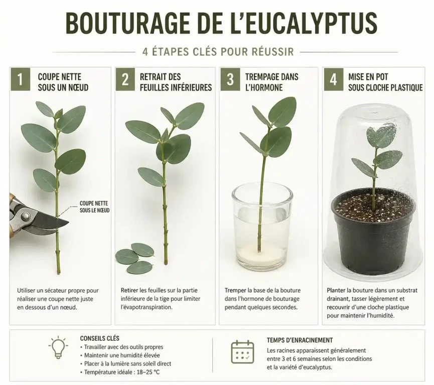 Étapes illustrées pour réussir une bouture d'eucalyptus