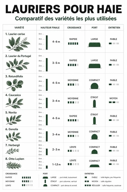 Haies lauriers : comparaison visuelle des principales variétés, hauteur, vitesse de croissance et rusticité