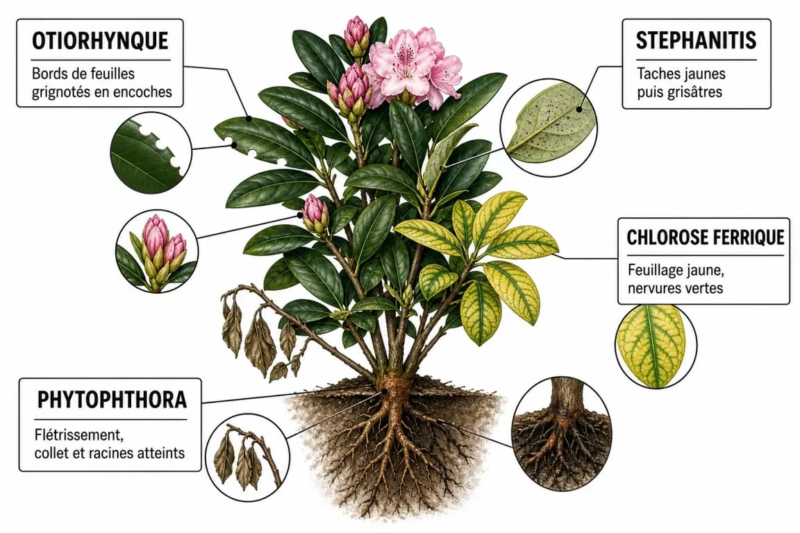 Maladie des rhododendrons : infographie visuelle montrant otiorhynque, stephanitis, chlorose ferrique et phytophthora
