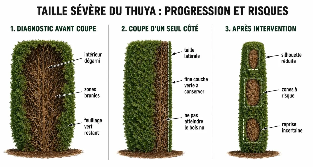 Thuya taille sévère : schéma avant/après montrant une coupe progressive et les zones à éviter