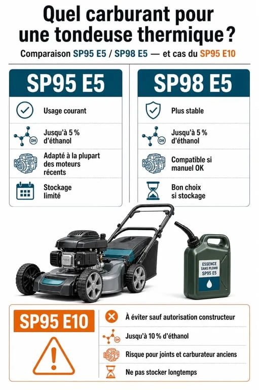 Essence tondeuse 95 ou 98 : visuel comparatif SP95 E5, SP98 E5 et SP95 E10