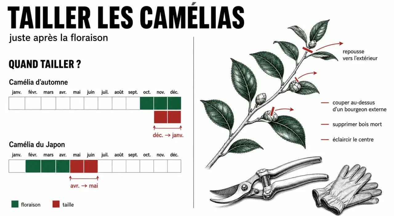 Taille des camelias : schéma des périodes de taille après floraison et des points de coupe sur une branche