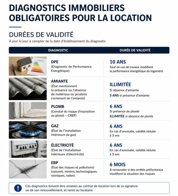 Tableau récapitulatif des durées de validité des diagnostics obligatoires en location pour le dossier de diagnostic technique.