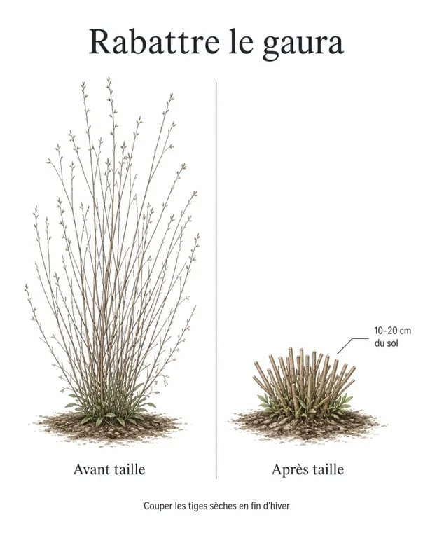 Gaura taille avant et après rabattage de la touffe au printemps