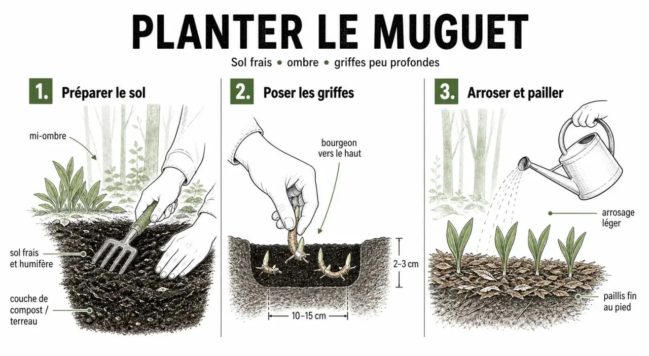 Quand et comment planter le muguet : illustration des étapes de plantation au jardin, en pot et avec arrosage léger