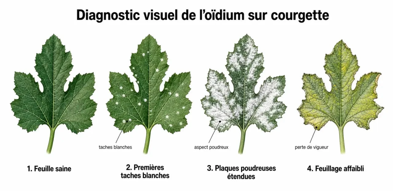 Traitement oidium courgette : diagnostic visuel des symptômes sur les feuilles